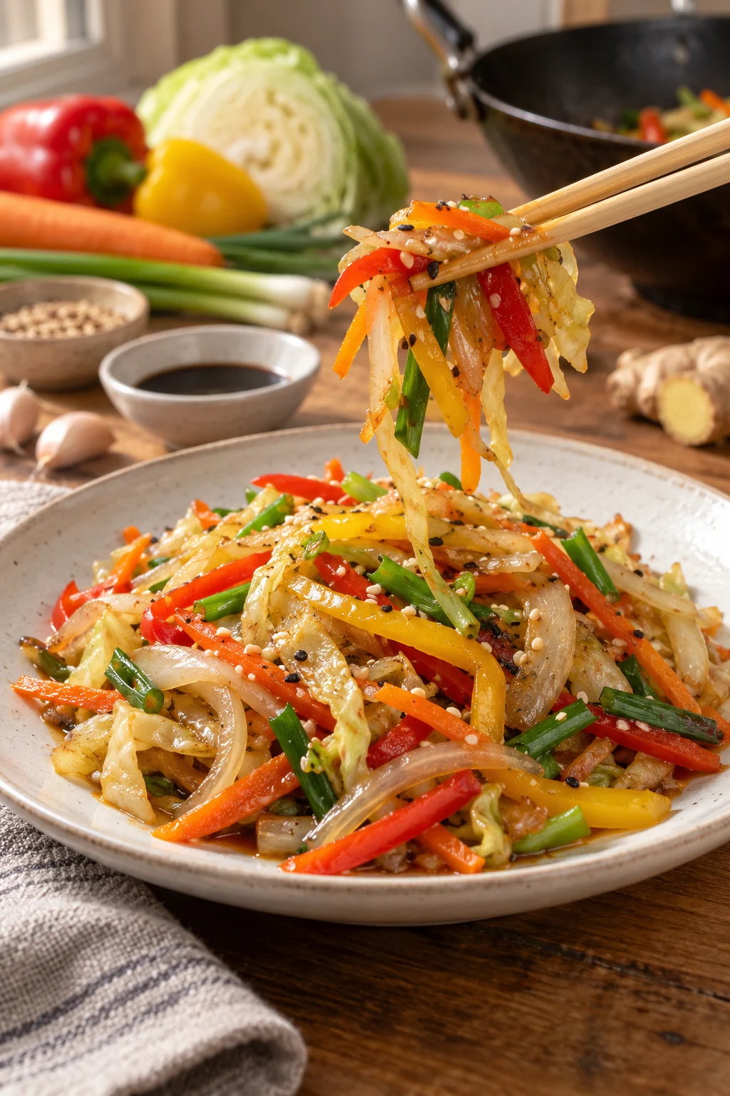 Chop suey chino servido en un plato