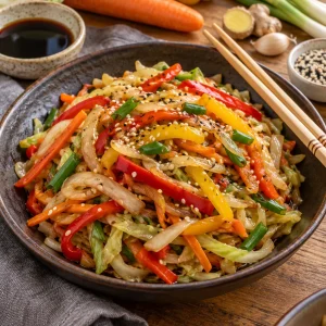 Chop suey chino con cebolla, pimientos y zanahoria