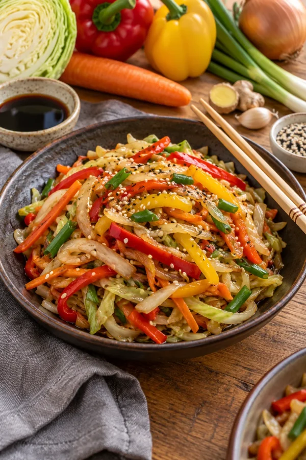 Chop suey chino con cebolla, pimientos y zanahoria
