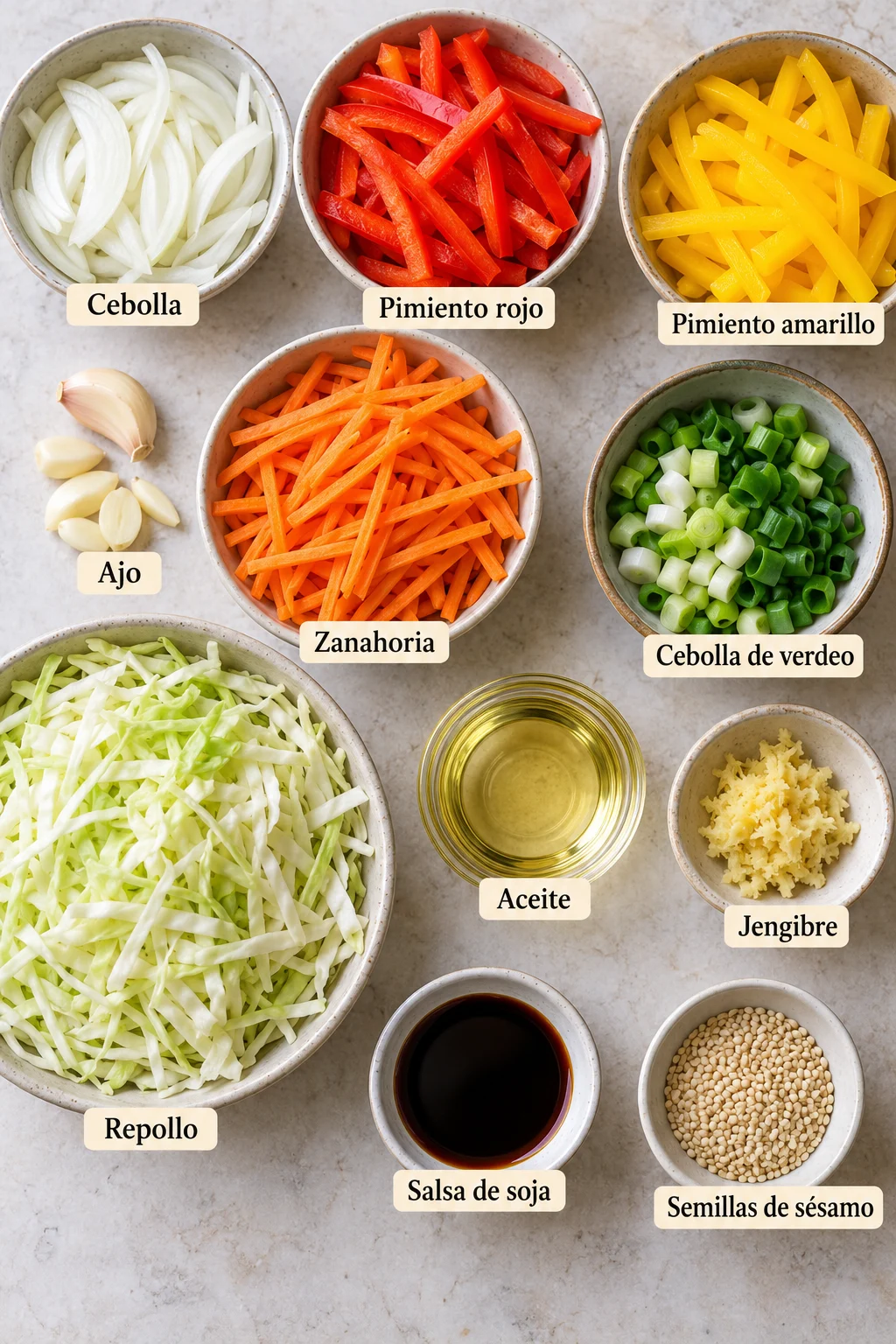 Ingredientes etiquetados para chop suey chino