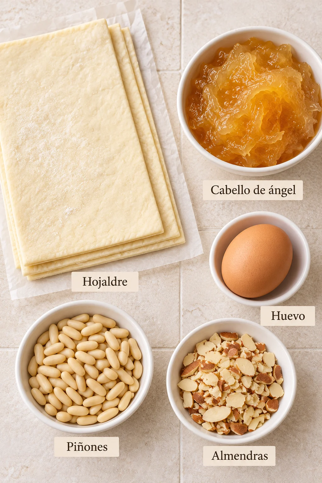 Ingredientes etiquetados para coca de hojaldre con cabello de ángel en bowls blancos