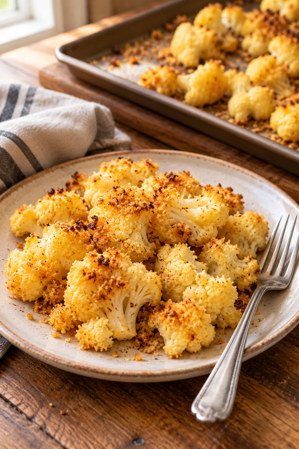 Primer plano de coliflor de ajo con queso parmesano dorada.