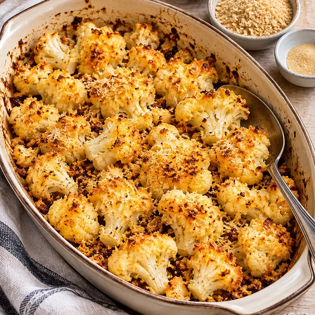 Coliflor de ajo con queso parmesano recién horneada.