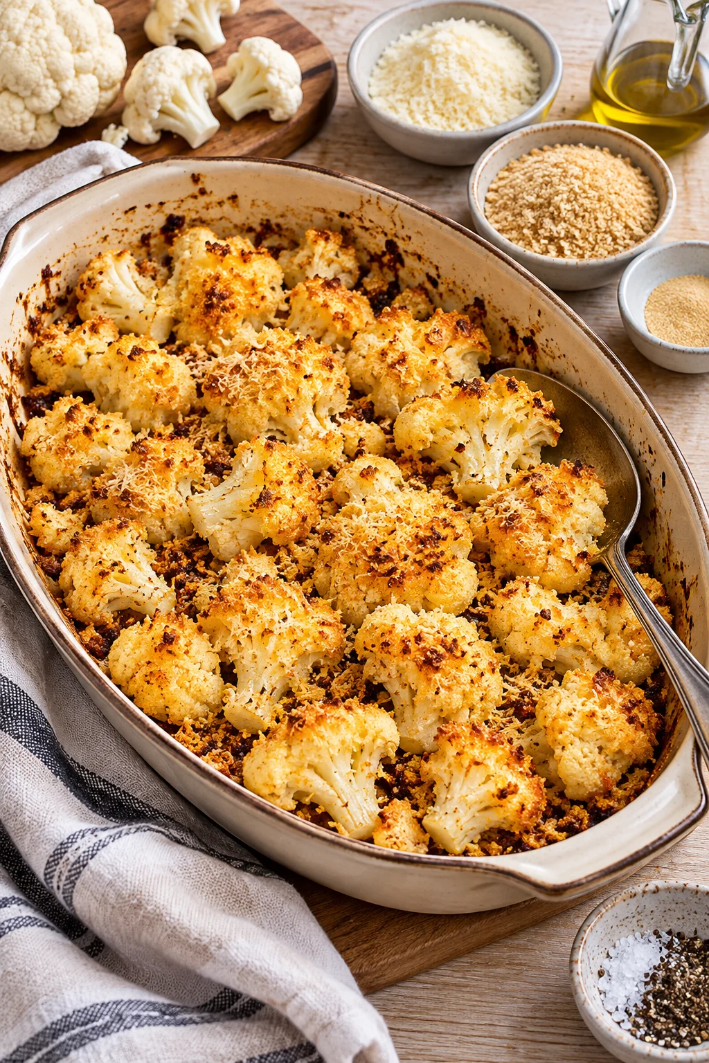 Coliflor de ajo con queso parmesano recién horneada.