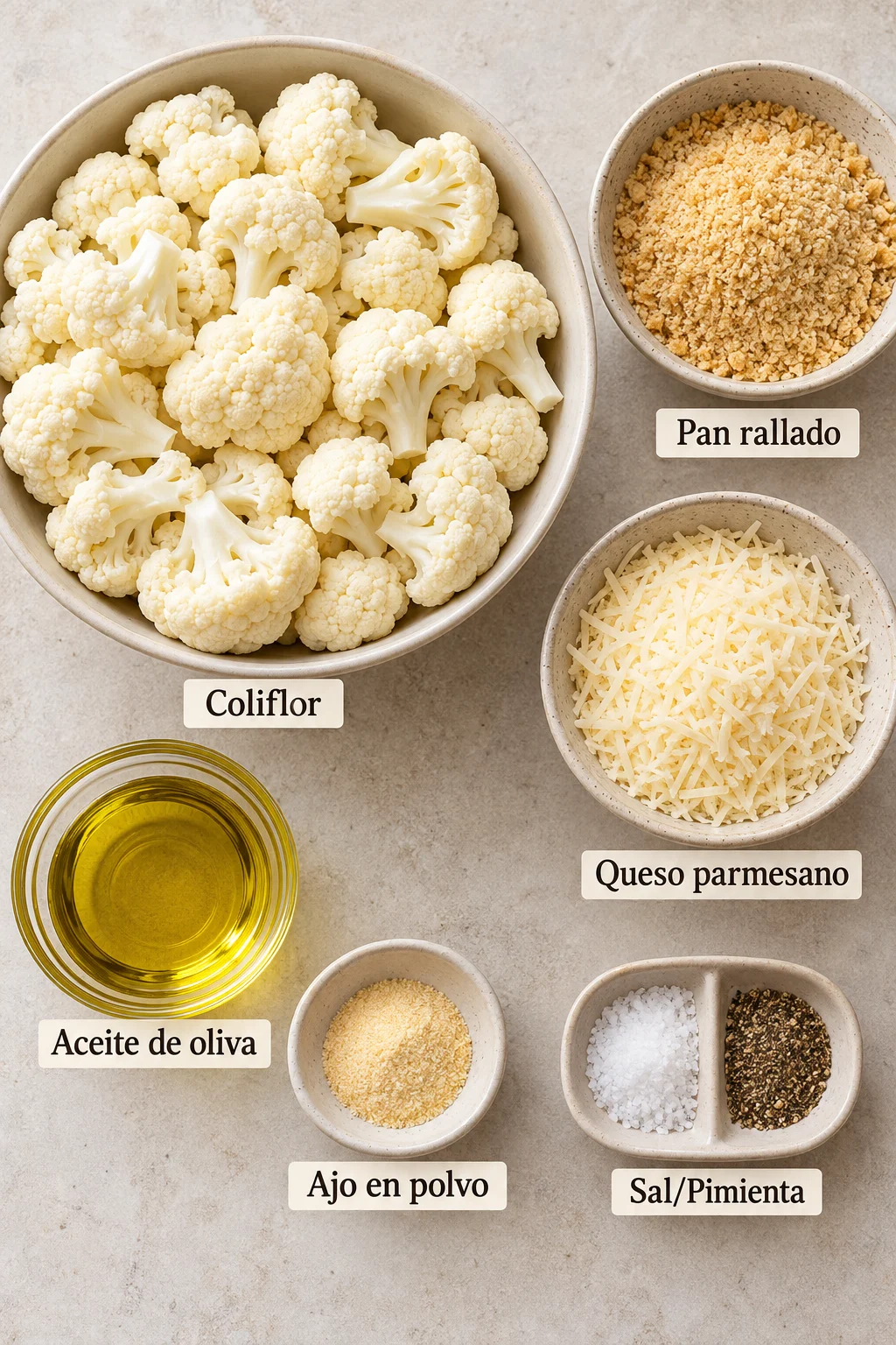 Ingredientes etiquetados para coliflor de ajo con queso parmesano.