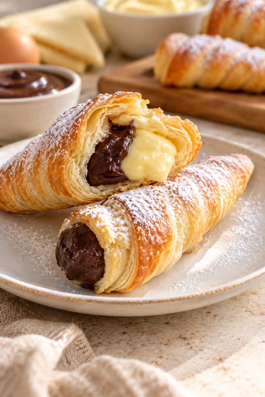 Primer plano de conos de hojaldre rellenos con crema pastelera y ganache de chocolate servido en la mesa de la cocina junto a la ventana