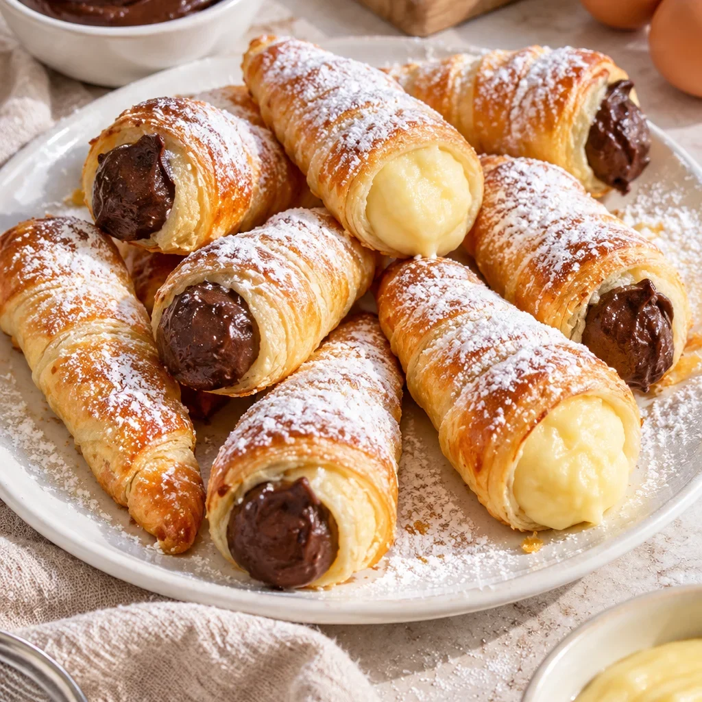 Conos de hojaldre rellenos con crema pastelera y ganache de chocolate en plato blanco