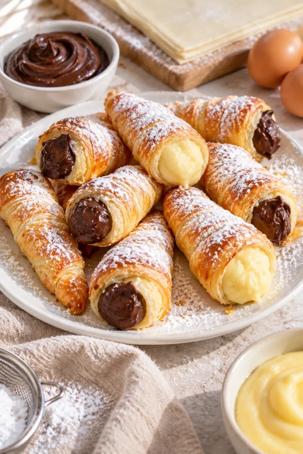 Conos de hojaldre rellenos con crema pastelera y ganache de chocolate en plato blanco