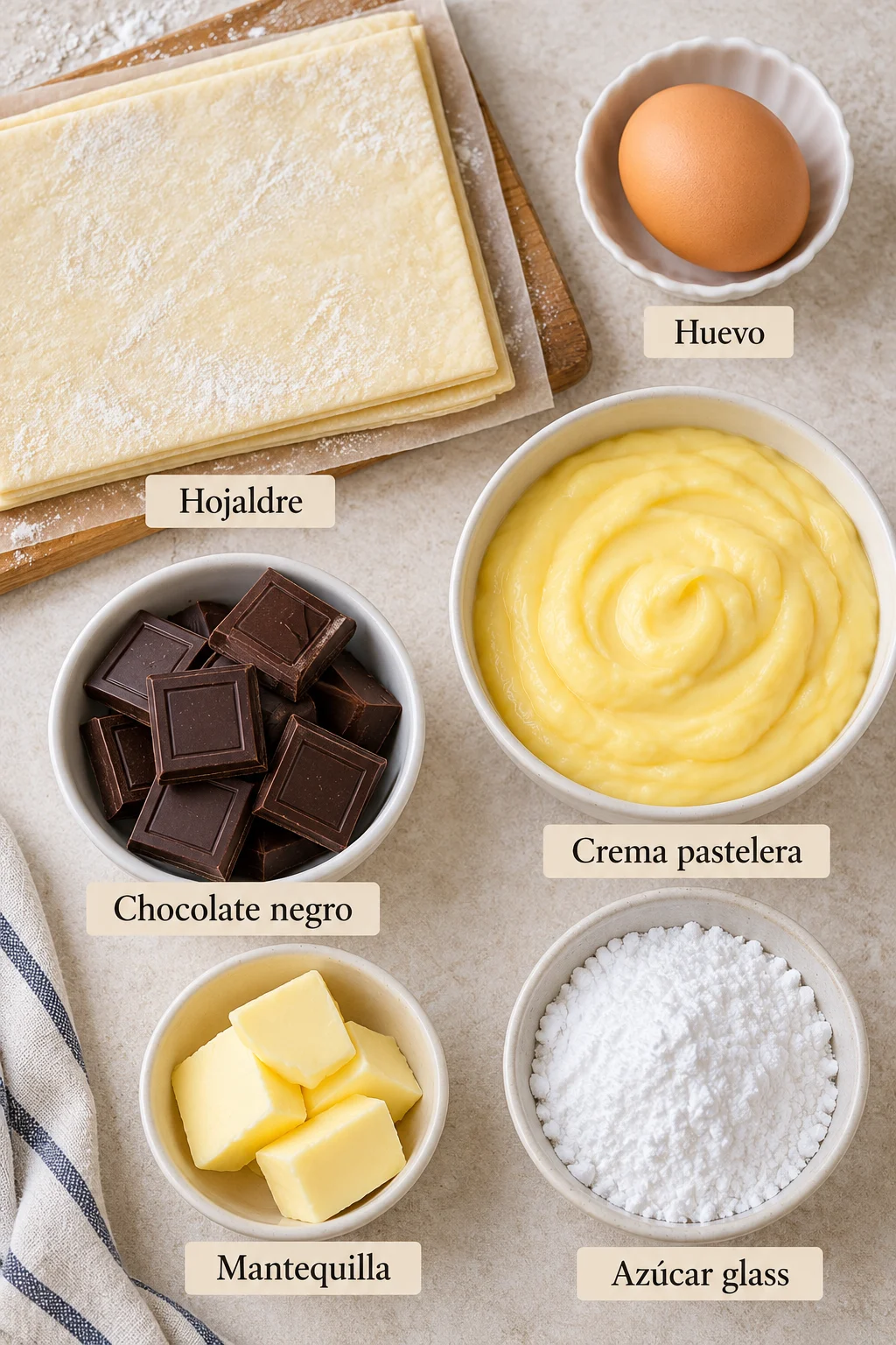 Ingredientes etiquetados para conos de hojaldre rellenos con crema pastelera y ganache de chocolate