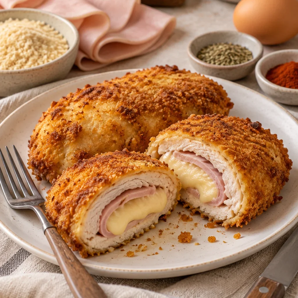 Cordon bleu con pollo, jamón de pavo y queso en un plato