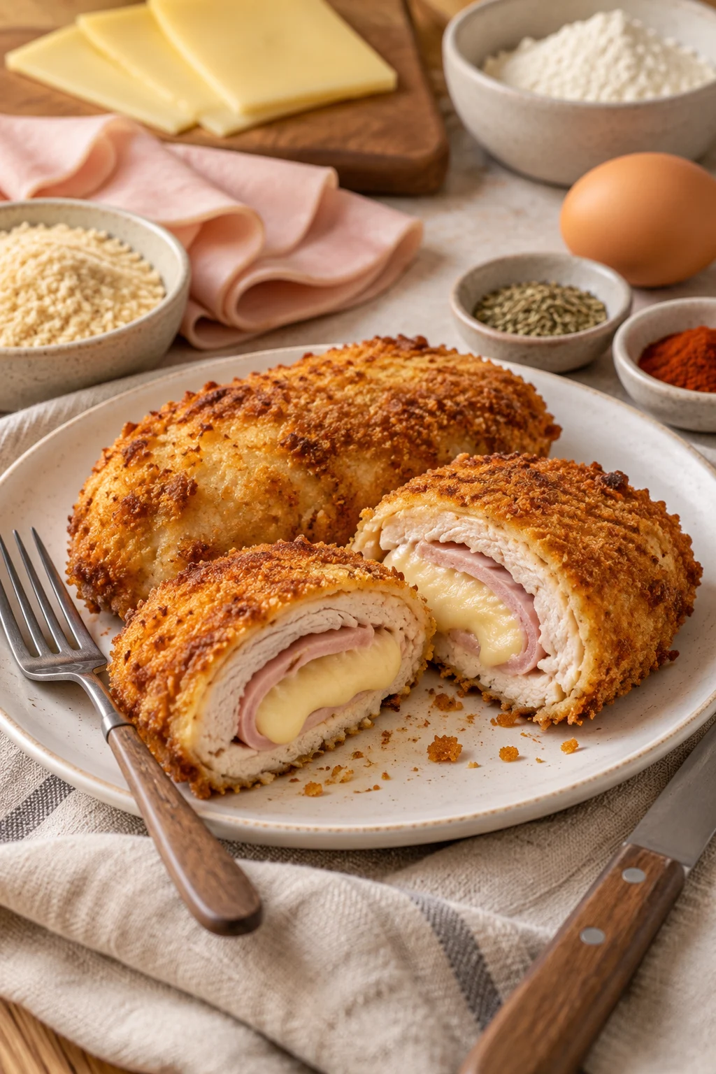 Cordon bleu con pollo, jamón de pavo y queso en un plato