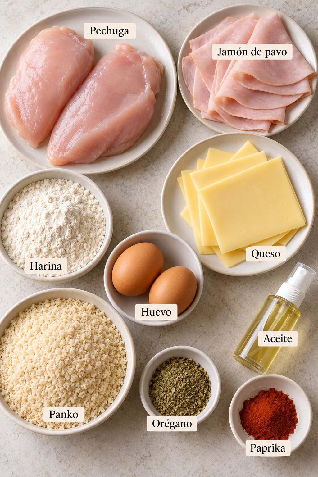 Ingredientes etiquetados para cordon bleu