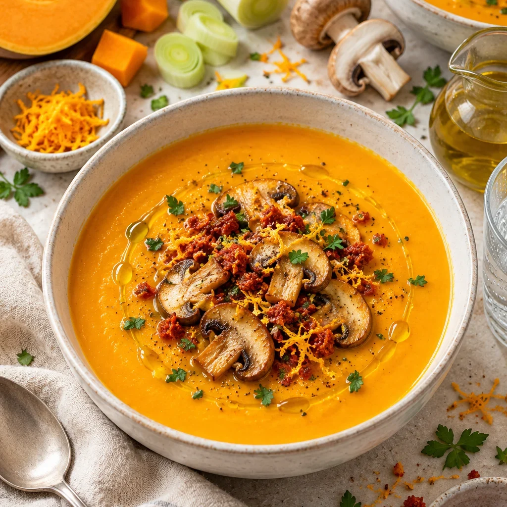 Crema de calabaza en air fryer con setas salteadas, calabizo y aceite de oliva