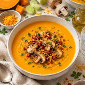 Crema de calabaza en air fryer con setas salteadas, calabizo y aceite de oliva