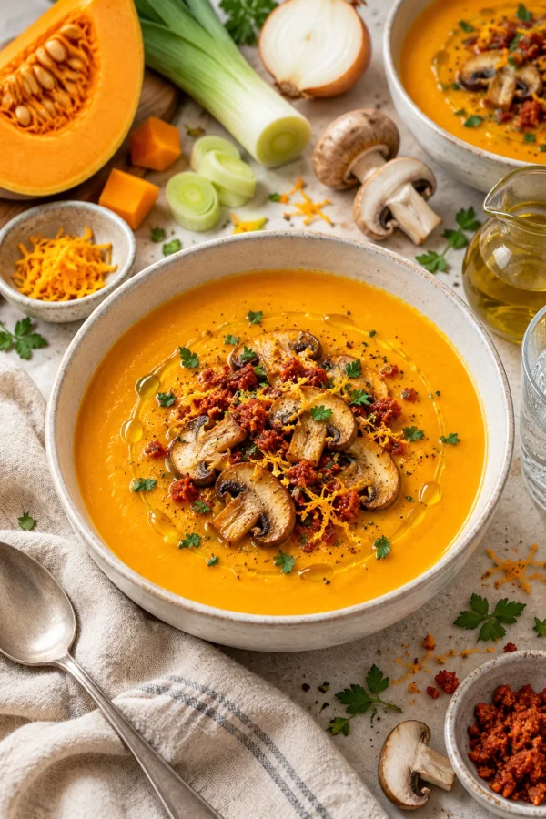 Crema de calabaza en air fryer con setas salteadas, calabizo y aceite de oliva
