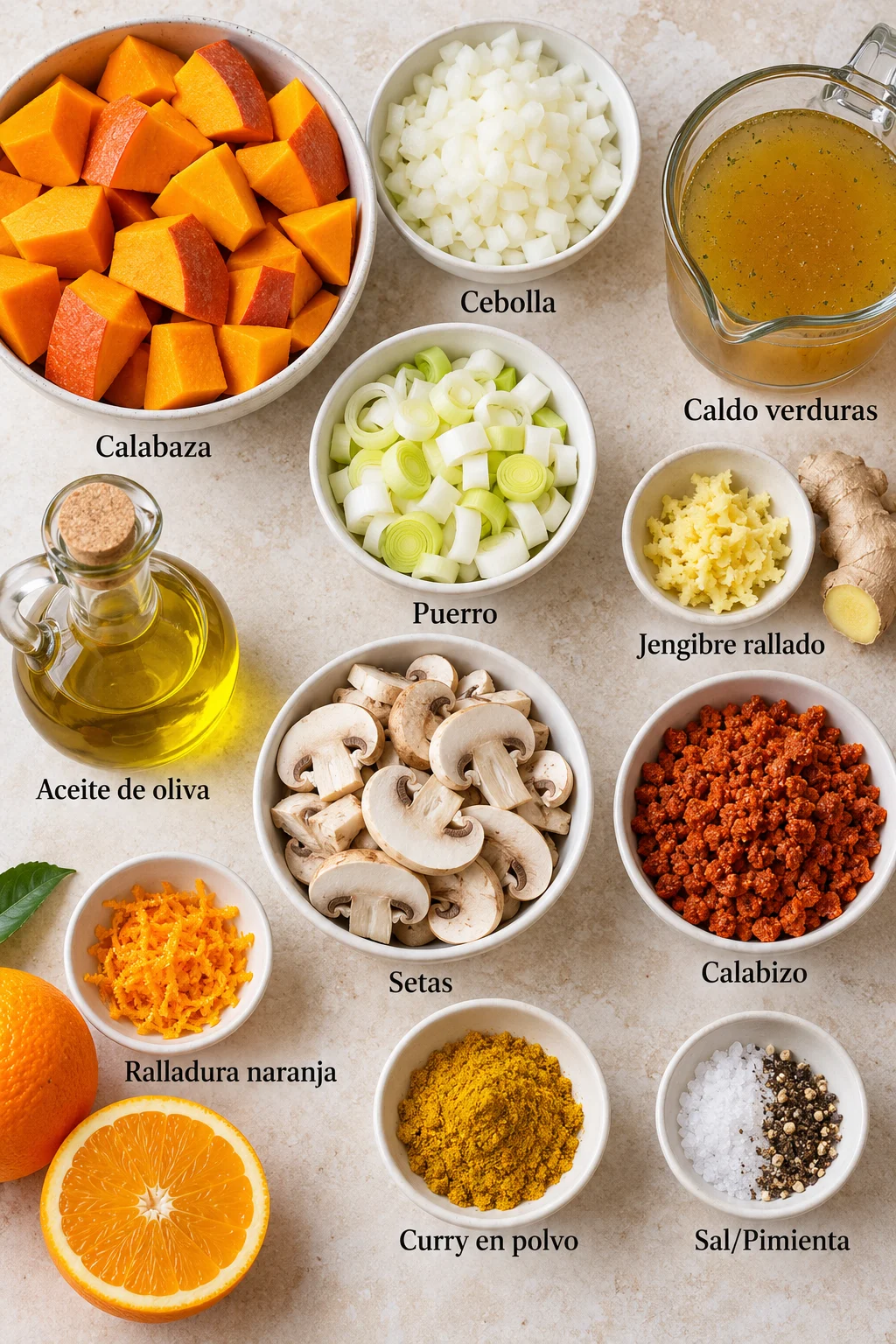Ingredientes etiquetados para crema de calabaza en air fryer en bowls blancos