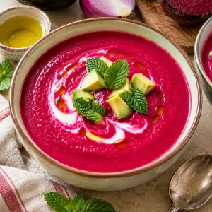 Deliciosa crema de remolacha, aguacate y hierbabuena