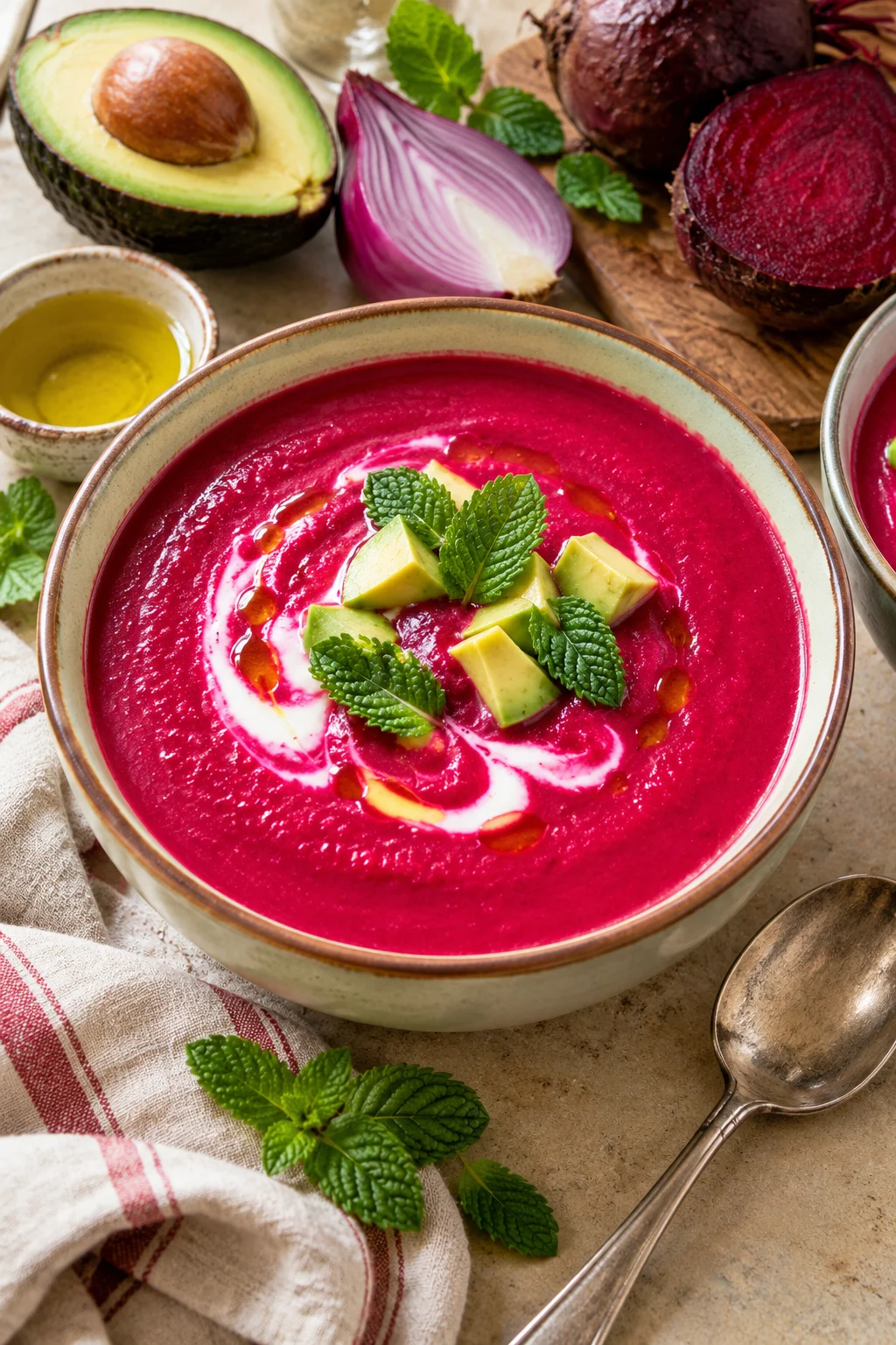 Deliciosa crema de remolacha, aguacate y hierbabuena