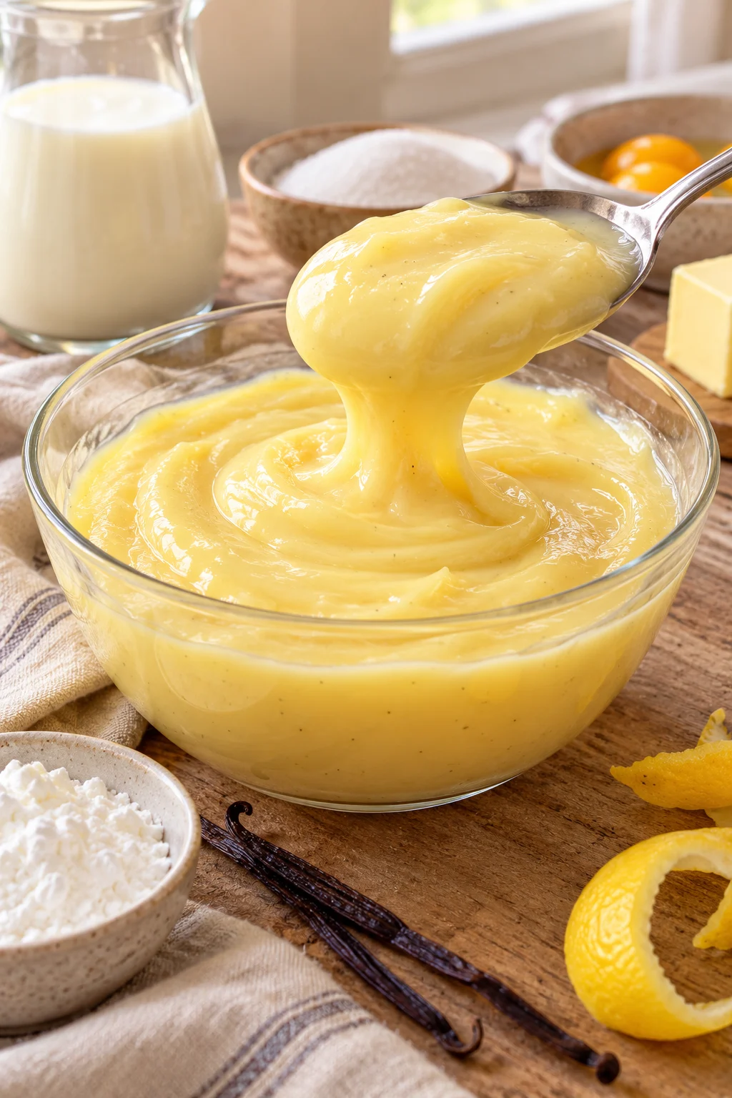 Crema pastelera casera en un bol