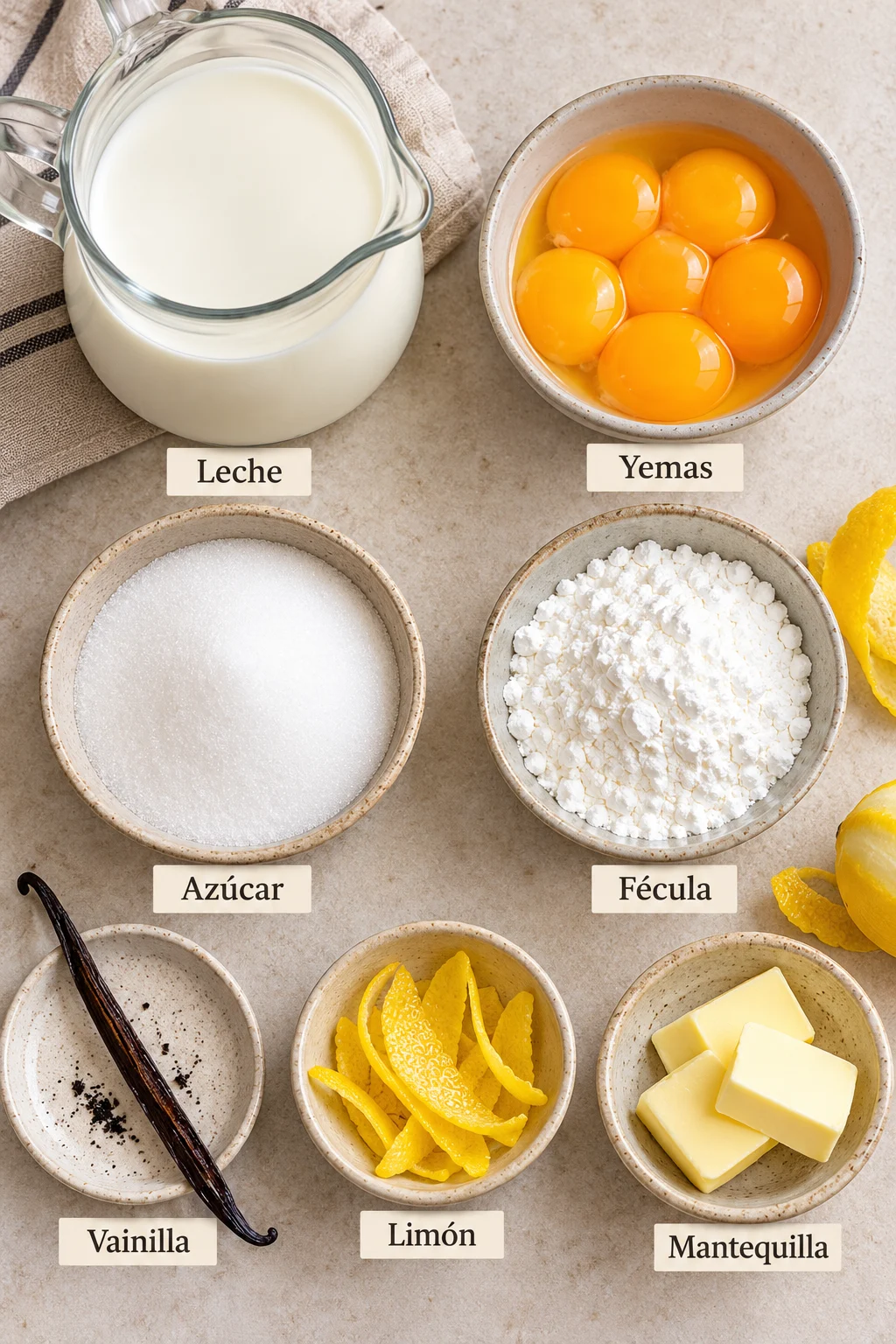 Ingredientes etiquetados para crema pastelera casera