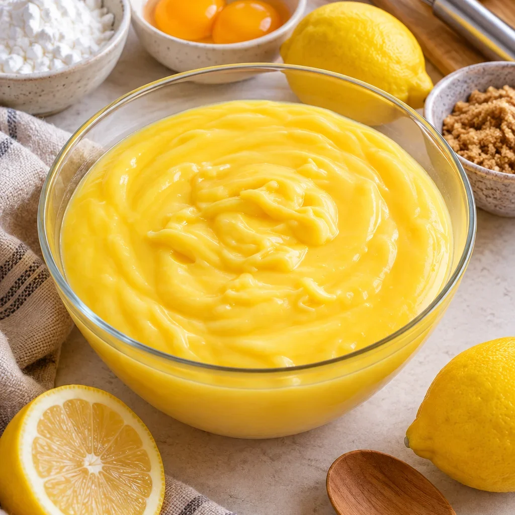 Crema pastelera de limón en un bol con limones y azúcar