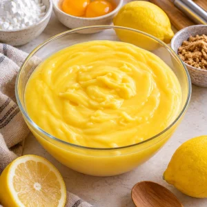 Crema pastelera de limón en un bol con limones y azúcar