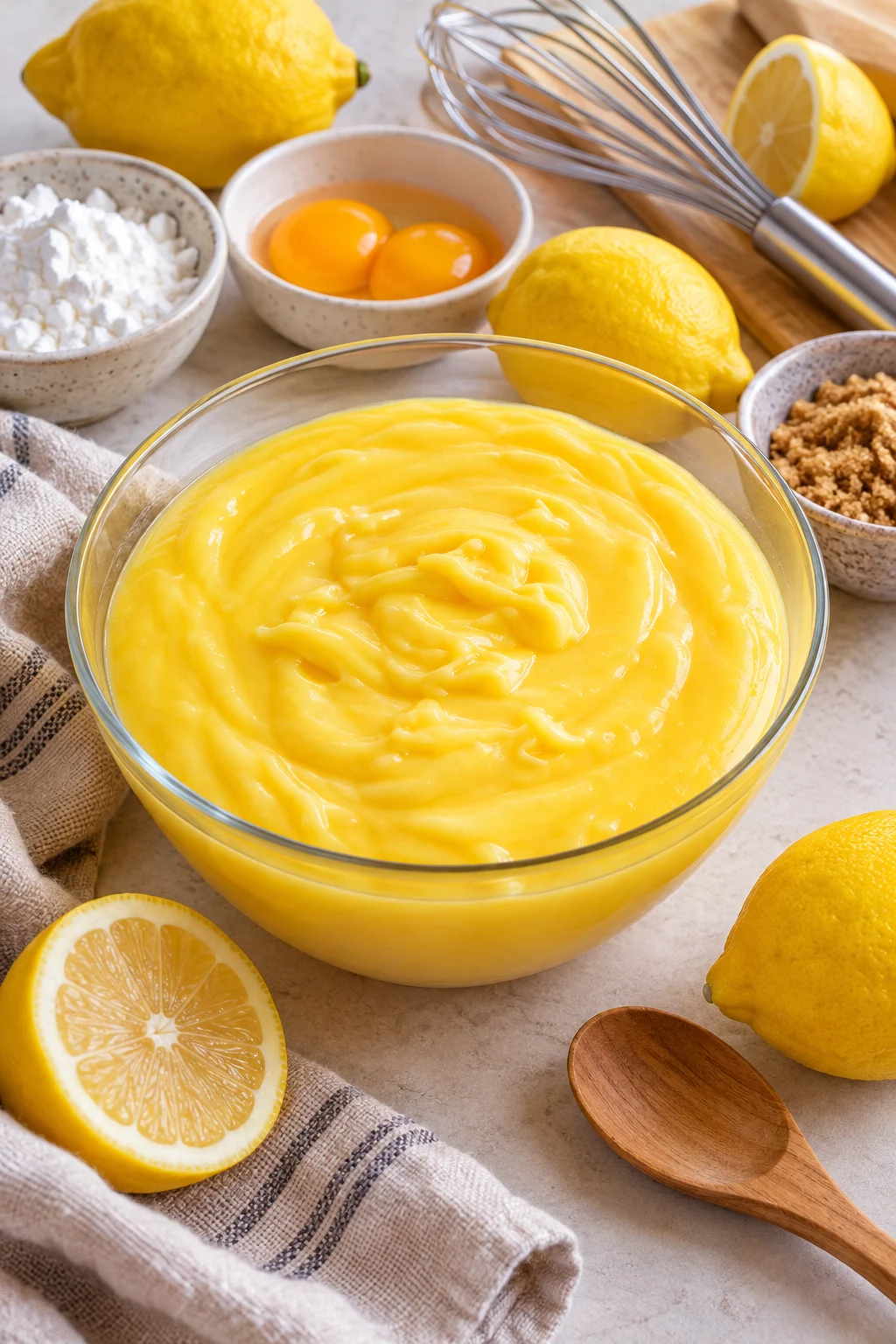 Crema pastelera de limón en un bol con limones y azúcar