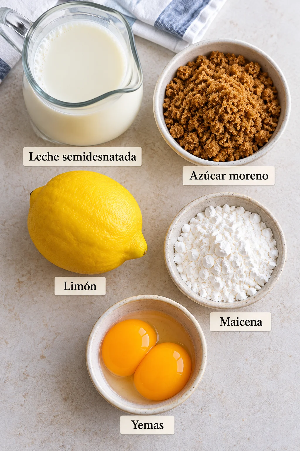 Ingredientes etiquetados para crema pastelera de limón