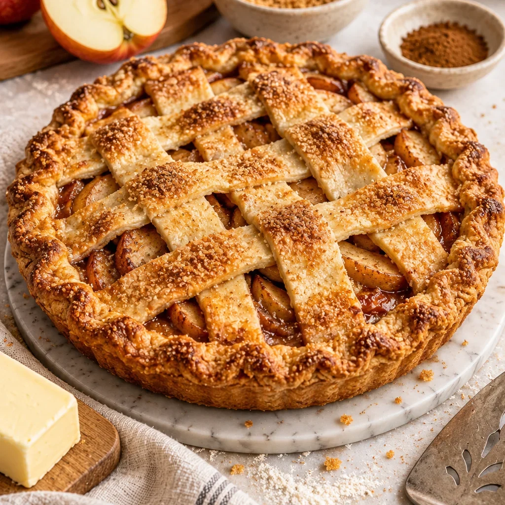 Crocante pay de manzana recién horneado con manzanas y azúcar.