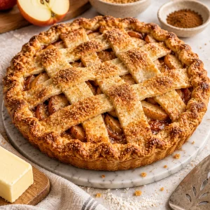 Crocante pay de manzana recién horneado con manzanas y azúcar.