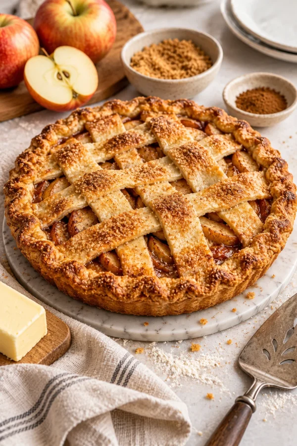 Crocante pay de manzana recién horneado con manzanas y azúcar.