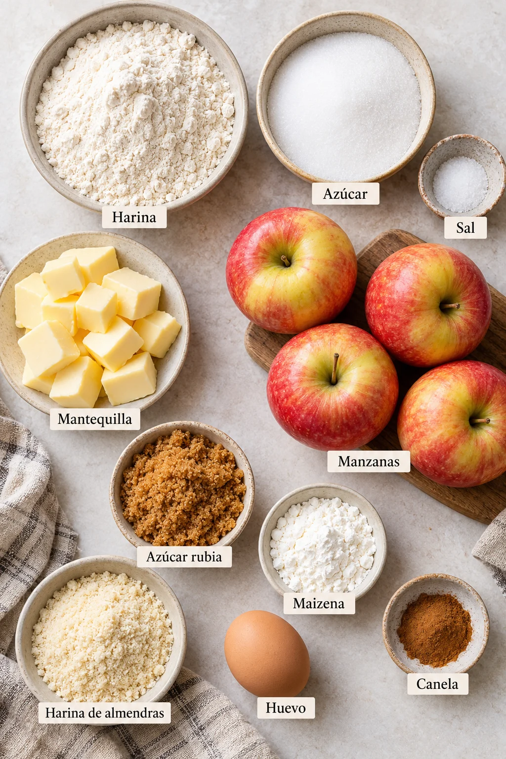 Ingredientes etiquetados para crocante pay de manzana.