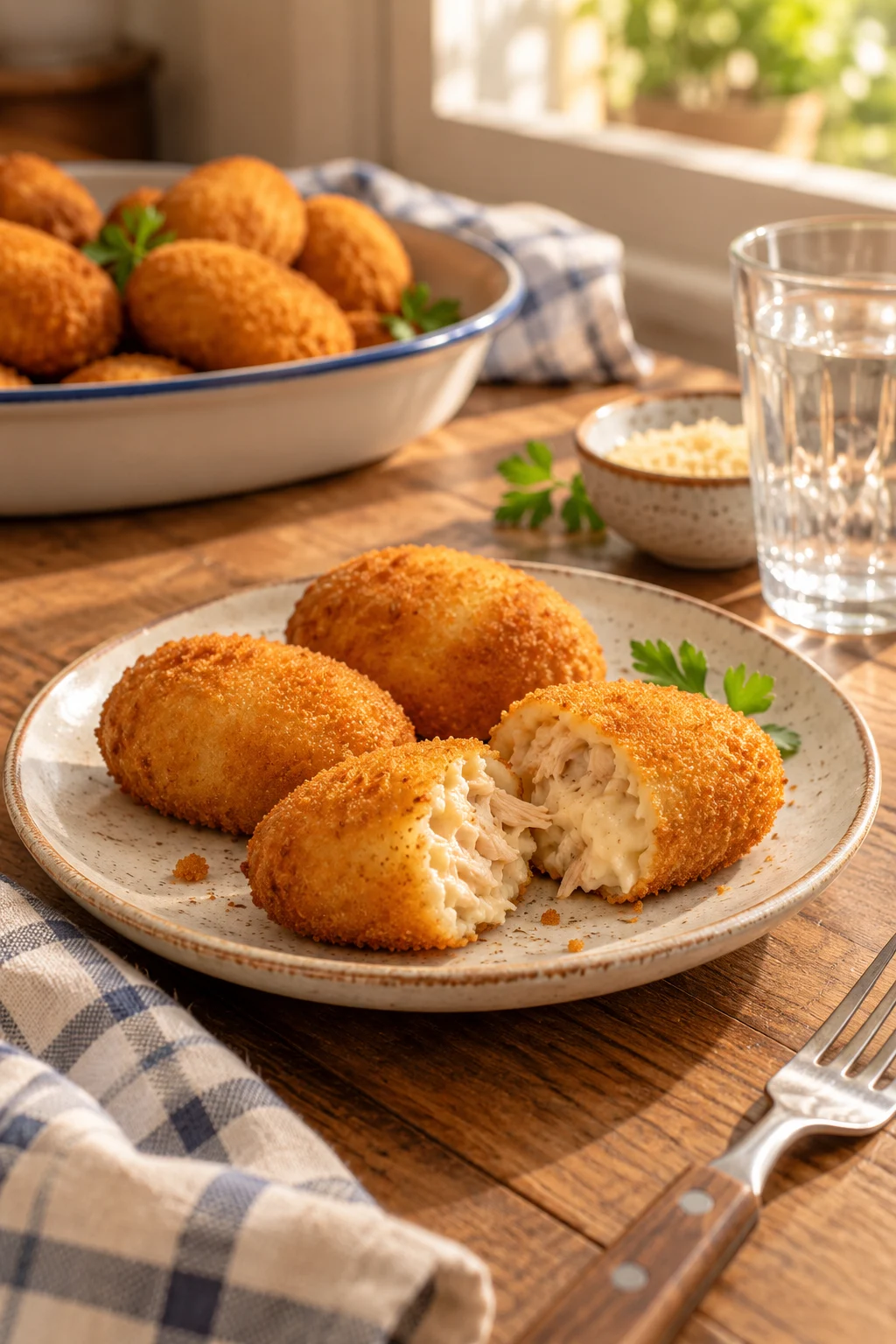 Croquetas de pollo caseras de la abuela con interior cremoso y corteza crujiente servido en la mesa de la cocina junto a la ventana