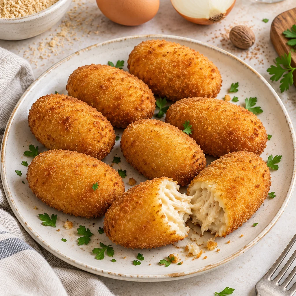Croquetas de pollo caseras de la abuela doradas y crujientes servidas en plato rústico