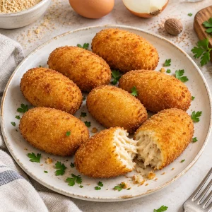 Croquetas de pollo caseras de la abuela doradas y crujientes servidas en plato rústico