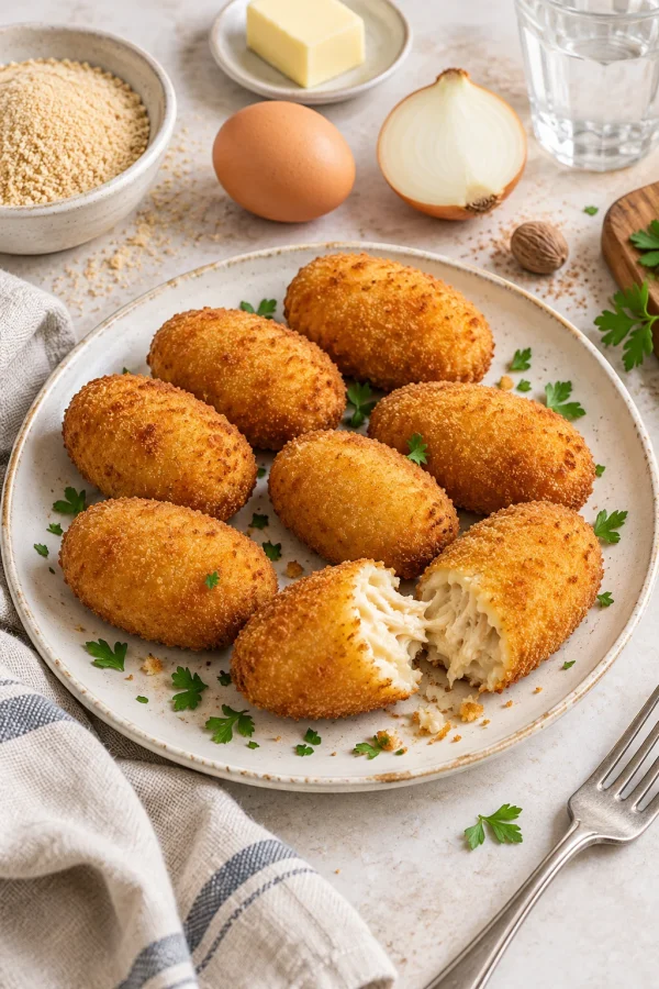 Croquetas de pollo caseras de la abuela doradas y crujientes servidas en plato rústico