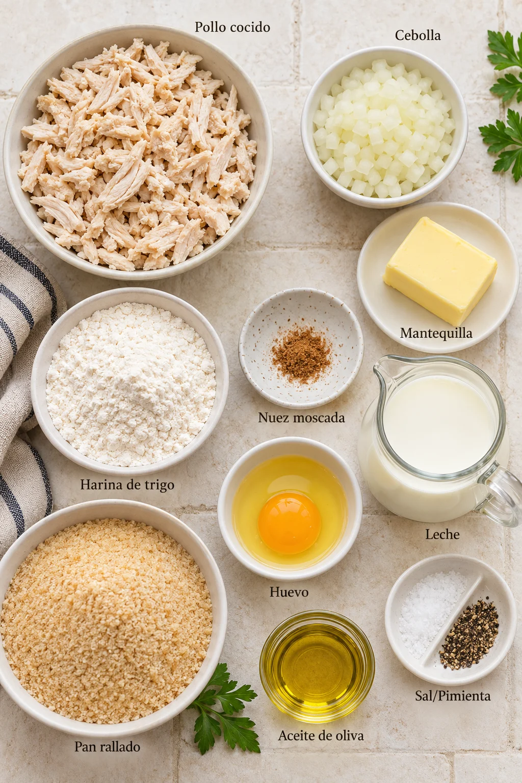 Ingredientes etiquetados para croquetas de pollo caseras de la abuela en bowls blancos