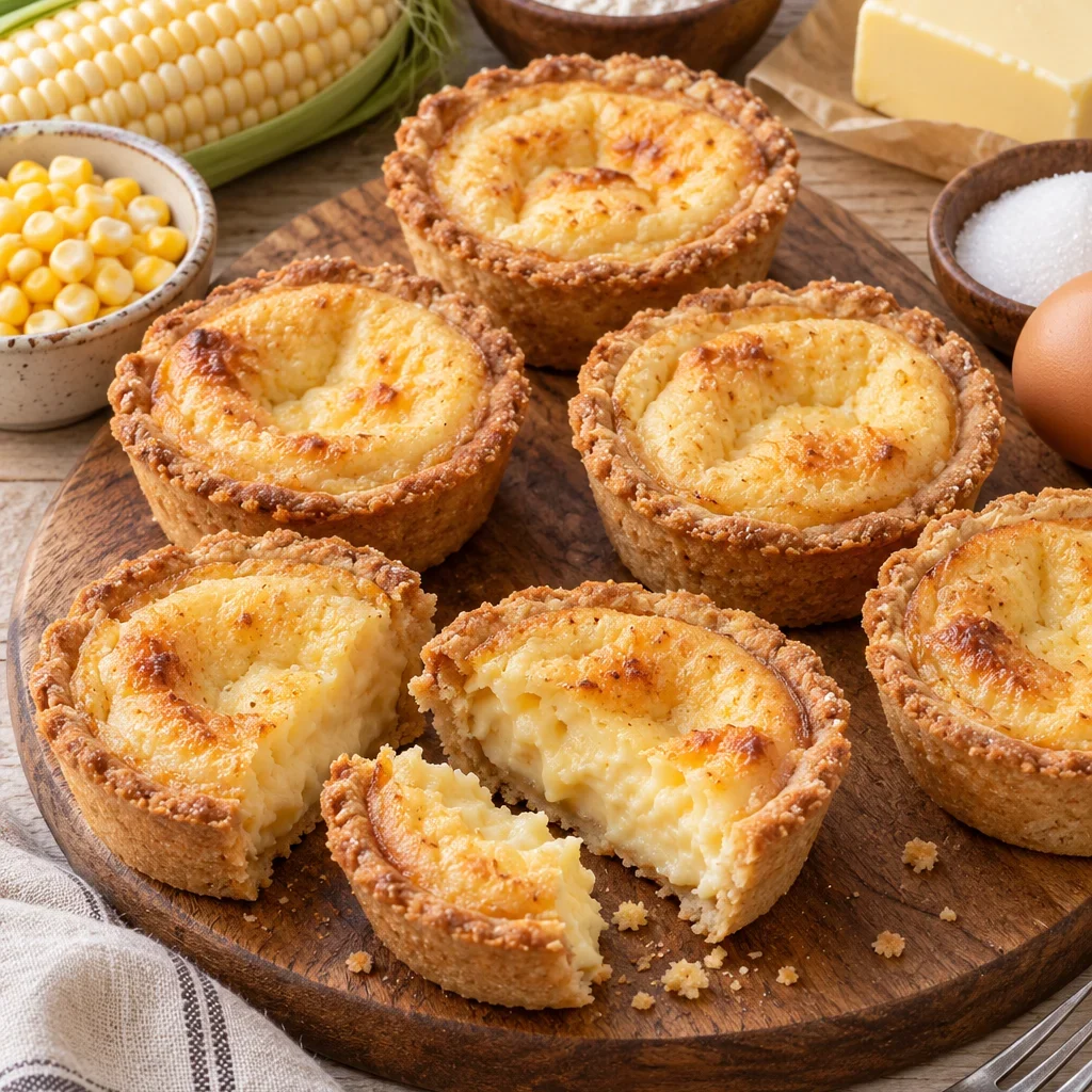 Cubiletes de elote recién horneados con un relleno cremoso.