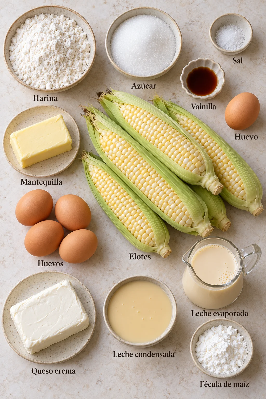 Ingredientes etiquetados para cubiletes de elote.