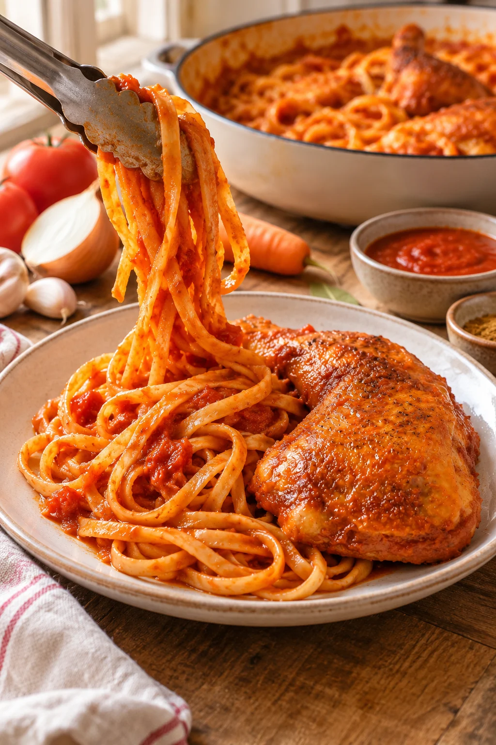 Deliciosos tallarines rojos con pollo servidos en un plato, mostrando la textura de la salsa.