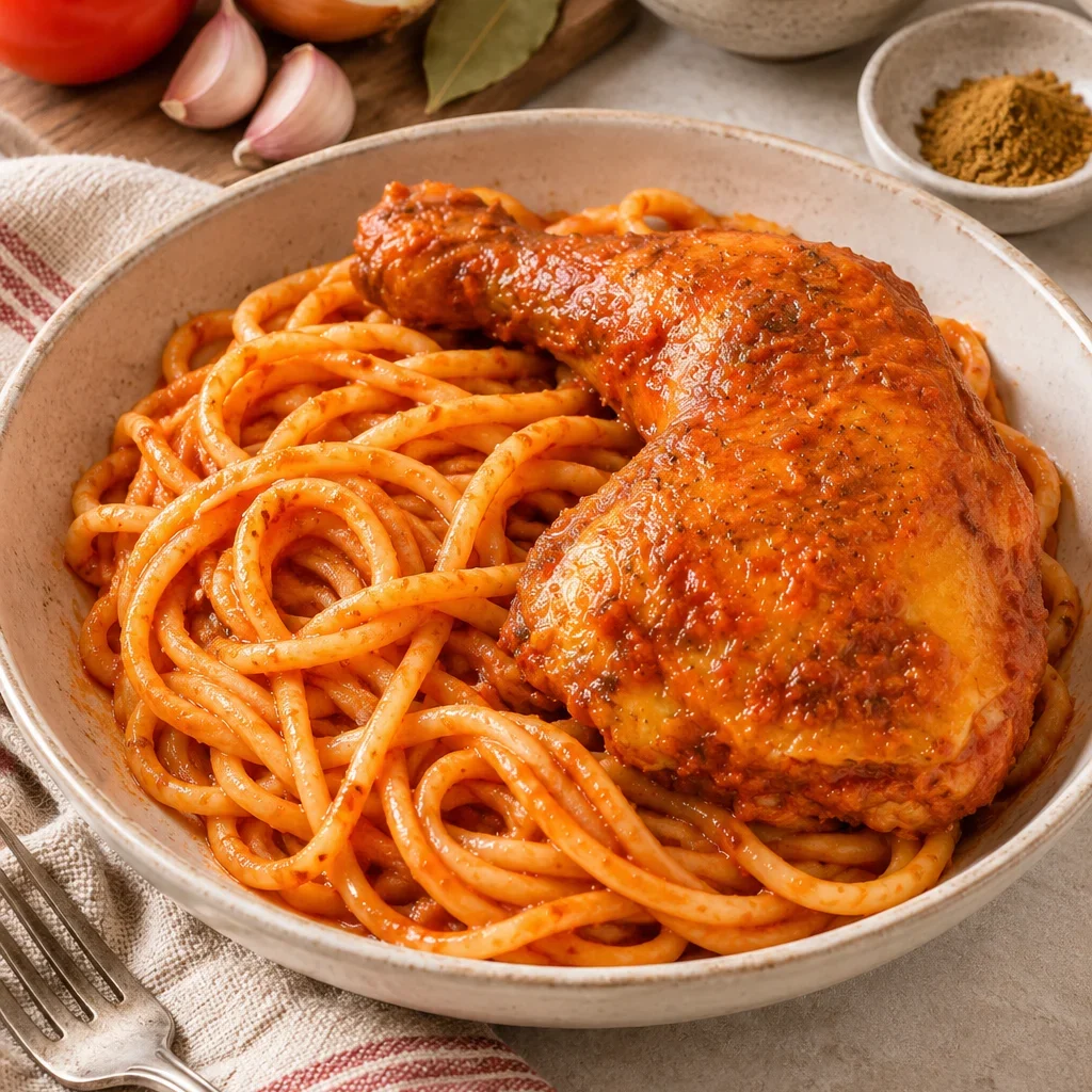 Deliciosos tallarines rojos con pollo servidos en un plato con ingredientes frescos alrededor.