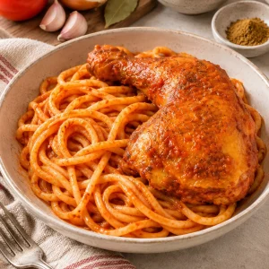 Deliciosos tallarines rojos con pollo servidos en un plato con ingredientes frescos alrededor.