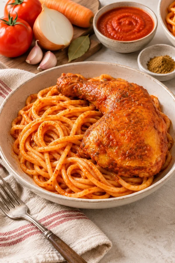 Deliciosos tallarines rojos con pollo servidos en un plato con ingredientes frescos alrededor.