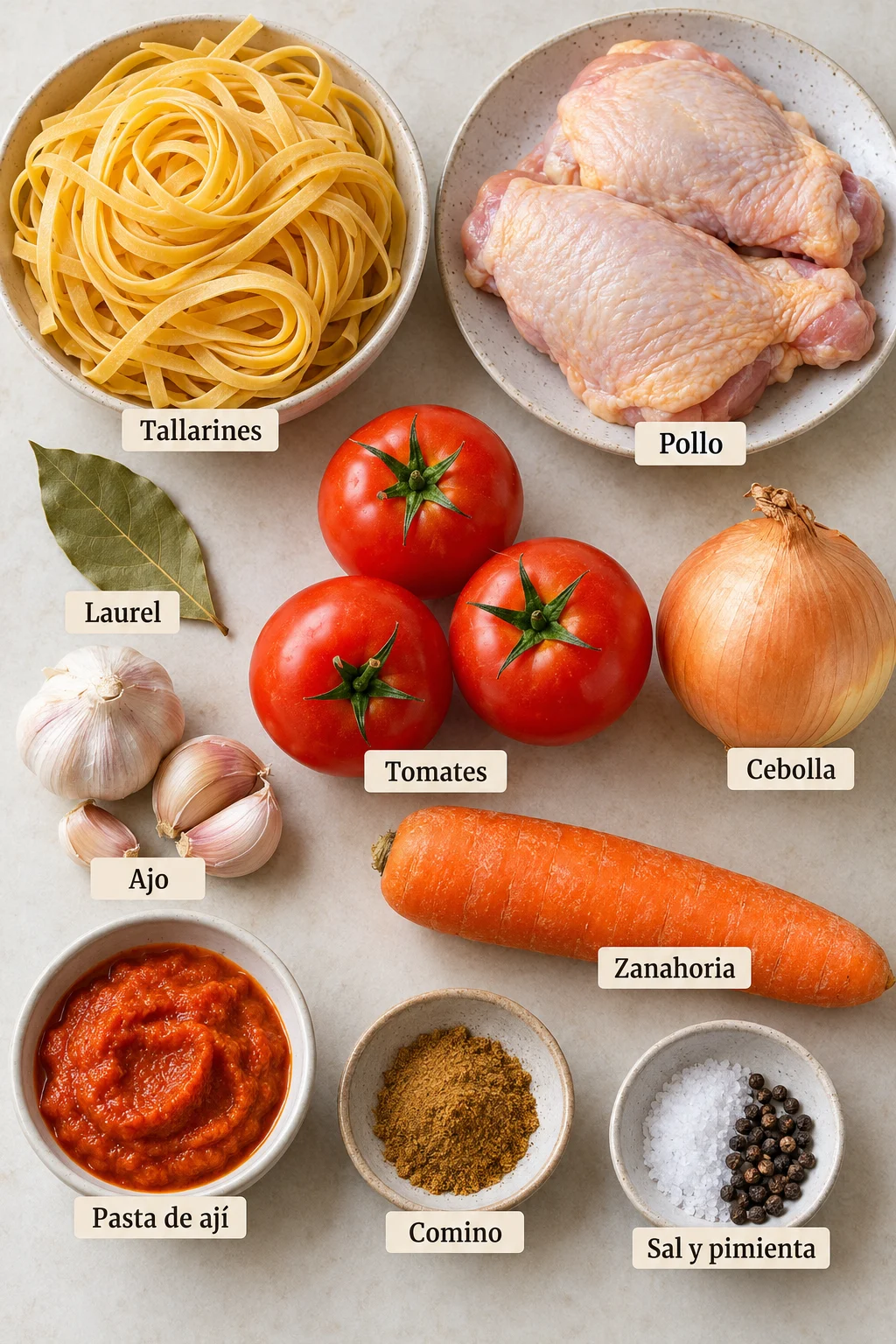 Ingredientes etiquetados para deliciosos tallarines rojos con pollo.
