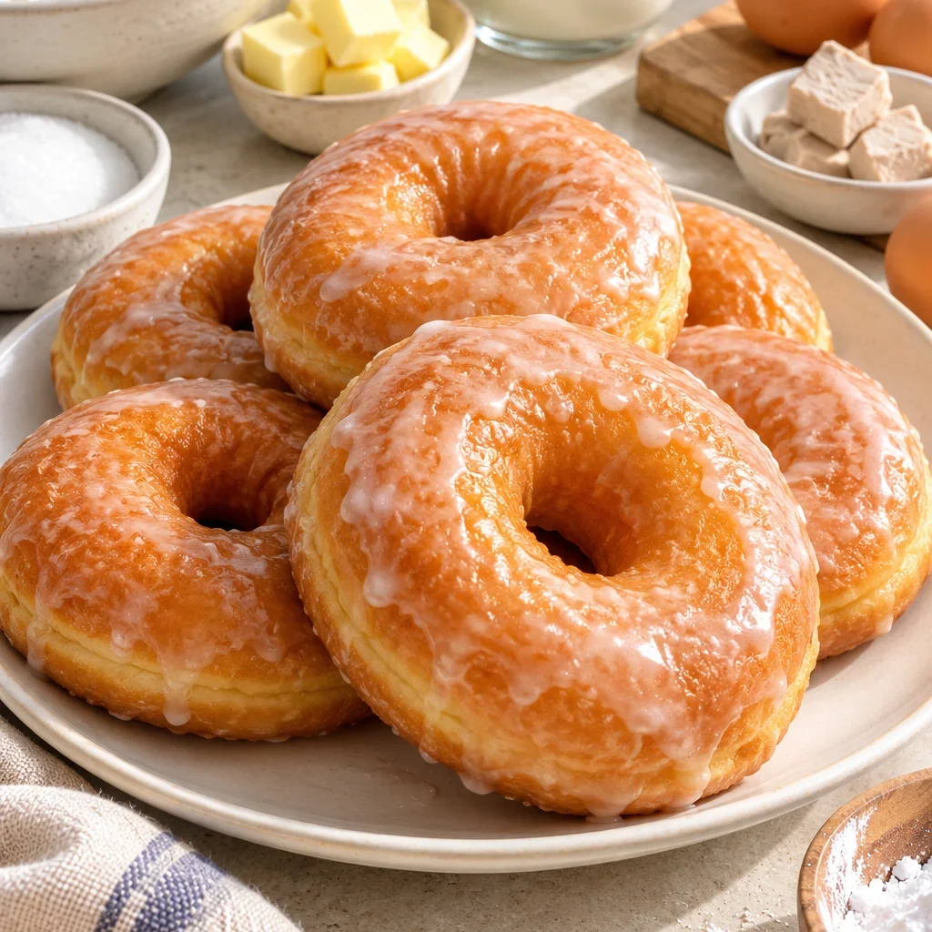 Donas caseras glaseadas en un plato blanco con ingredientes alrededor