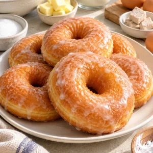 Donas caseras glaseadas en un plato blanco con ingredientes alrededor
