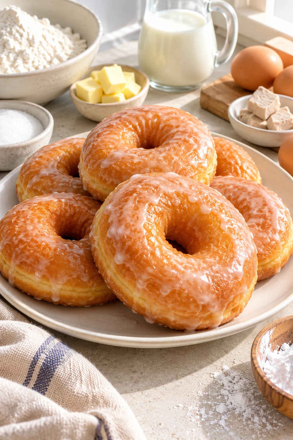 Donas caseras glaseadas en un plato blanco con ingredientes alrededor