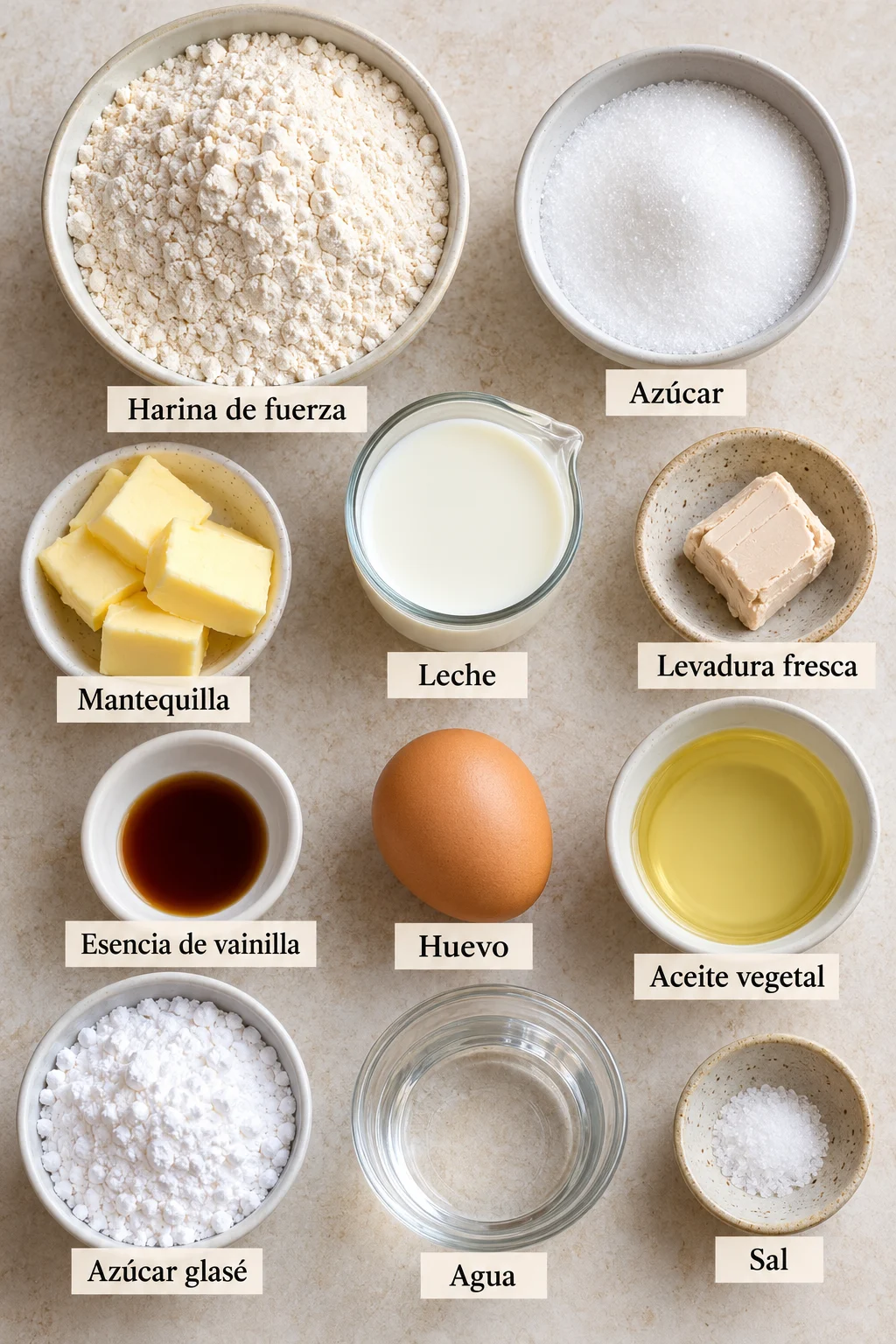 Ingredientes etiquetados para donas caseras sobre superficie neutra