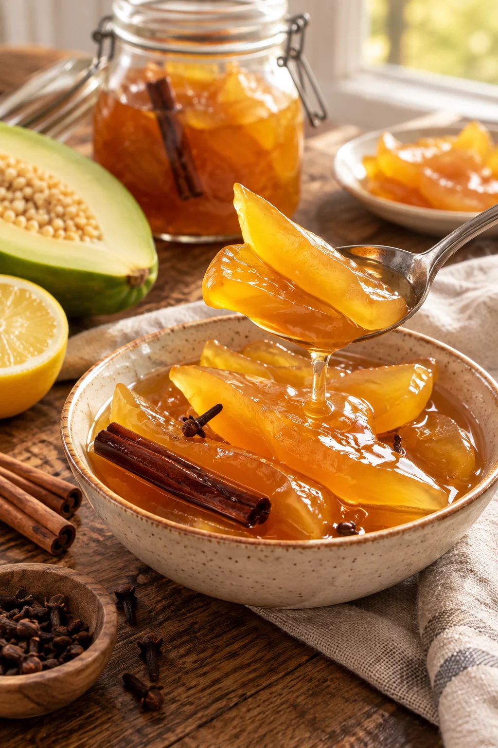 Dulce de mamón servido con textura caramelizada