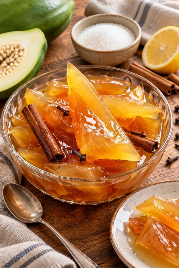 Dulce de mamón con mamón verde, azúcar y especias